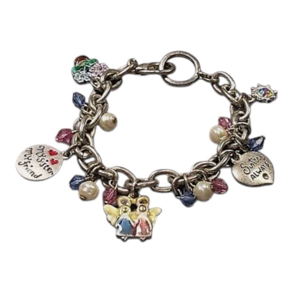 Charm Bracelet Silver Tone Chains Lucite Beads Engraved Charms
